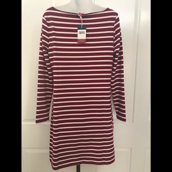🔵NEW wTag-TOMMY Jeans Red/White Striped Dress M - Picture 3 of 4